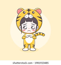 Cute tiger costume girl cartoon illustration