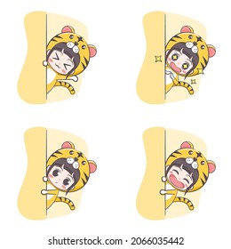 Cute Tiger Costume Girl Hiding Cartoon Illustration