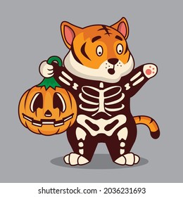 Dibujo de caricatura de Cute tiger disfraz Halloween El concepto de tecnología aislada. Estilo de caricatura plana adecuado para llevar páginas web, carteles, volantes, pegatinas, tarjetas