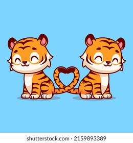 Cute Tiger Couple With Love Heart Tail Cartoon Vector Icon Illustration. Animal Nature Icon Concept Isolated Premium Vector. Flat Cartoon Style