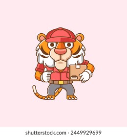 Cute tiger courier package delivery animal chibi character mascot icon flat line art style illustration concept cartoon set collection set