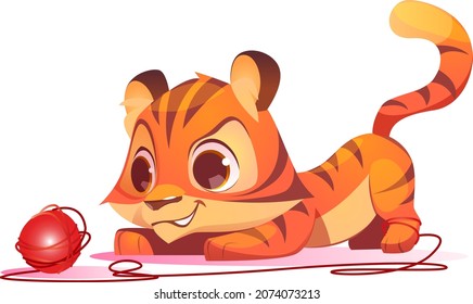 Cute tiger cub with a ball .For postcards and design.Vector illustration drawn by hand