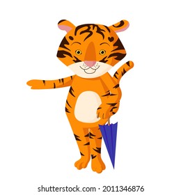 Cute Tigerwürfel mit einem blauen Regenschirm in den Händen. Das Symbol des neuen Jahres. China 2022. Neujahr-Plakatzeichen
