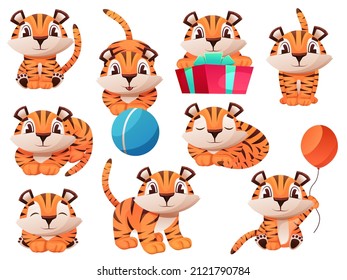 Cute tiger cub cartoon character, funny animal. Set of cute little tiger characters with gift box, air balloon, celebrate, jump, stand, smile