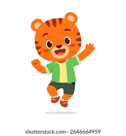 Bonito Tiger Cub Cartoon Personagem Salto e Ondulação Hello com expressão alegre