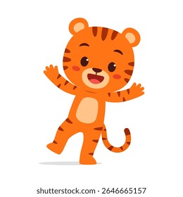 Personagem de desenho animado Tiger Cub levantando braços com expressão feliz na ilustração