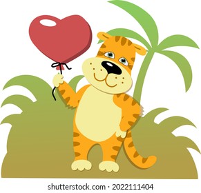 Cute Tiger-cub-Charakter lächelt, hält einen roten, herzförmigen Ballon