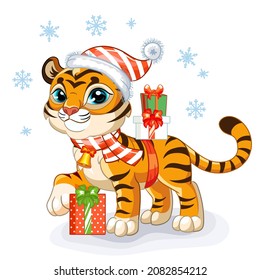 Cute tiger cub in a Christmas hat with gifts and snowflakes. Cartoon tiger character. Vector cartoon isolated illustration. For postcard, posters, design, greeting card, stickers, decor,kids apparel