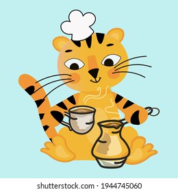 Ein süßer Tigerbecher ist ein Koch. Er macht Kaffee. Symbol 2022 mit Schilf und einem Becher. Werbung für Tee- und Kaffeegetränke für Kindermenüs, Cafés, Bars. Vektordesign im Cartoon-Stil.