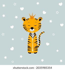 Cute tiger cub with a crown, around hearts, stars on a blue background. Vector illustration for children princess tiger