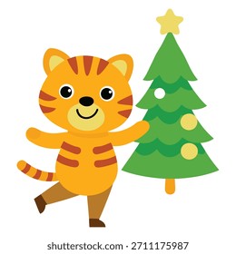 Um filhote de tigre bonito dançando com alegria ao lado de uma árvore de Natal colorida, comemorando a temporada de férias festivas com felicidade.