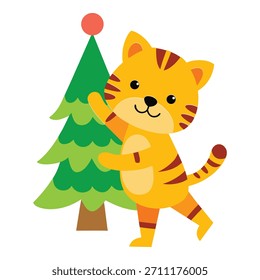 Um filhote de tigre bonito dançando com alegria ao lado de uma árvore de Natal colorida, trazendo alegria e emoção para as festividades de Natal.