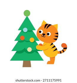 A cute tiger cub decorating a floating Christmas tree with ornaments, lights, and festive decorations for a joyful holiday season.