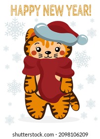 A cute tiger cub dressed like Santa, a little red kitty wearing a hat and a scarf, a sweet snowfall card, Happy new year