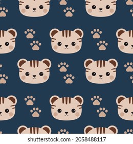 Cute Tiger Cub Face And Pawprint Seamless Pattern. Vector