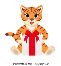 Cute tiger cub with a gift. Vector cartoon illustration.