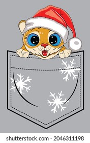 Cachorro tigre en un sombrero. Imprima en una camiseta y vestido. Símbolo del año 2022. Ilustración vectorial.