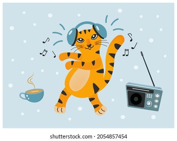 A cute tiger cub with headphones listens to music and dances. Funny character on a blue background with a transistor and a cup of coffee. The symbol of 2022. Vector isolated. Postcard, poster, banner.