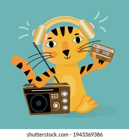 Cute tiger cub in headphones with retro receiver and cassette. A contented happy character shows that everything is cool with a gesture. Symbol of 2022. Vector illustration on green