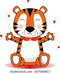 Cute tiger cub with hearts.For postcards and design.Vector illustration drawn by hand