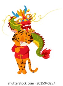 A cute tiger cub is holding a dancing dragon. The symbol of the new year. Chinese New Year 2022. Cartoon animal perfect for Happy New Year greeting card.