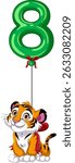 Cute tiger cub holding a green balloon shaped as number eight. Bright colors and cartoon style illustration