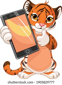 Cute Tiger cub holding tablet and showing thumbs up