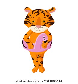 Cute tiger cub with an inflatable circle in the form of a flamingo. The symbol of the new year. Chinese calendar 2022. Character for summer vacation on the beach. Tiger 2022 new year