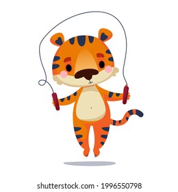 Cute tiger cub is jumping rope. Vector illustration in cartoon childish style animal character. The symbol of the new year 2022. Isolated funny clipart on a white background. Cute print.