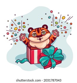 A cute tiger cub jumps out of a gift with confetti. Cartoon character, the symbol of the Chinese new Year is a tiger.