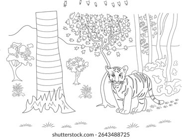 Cute Tiger Cub in Jungle Line Art, Black and white outline drawing of a young tiger cub standing in a jungle scene. Features include trees, plants, animal tracks on the ground, and a mountainous