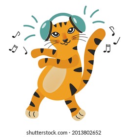 A cute tiger cub listens to music and dances. Adorable wild animal wearing headphones. Cartoon character is a symbol of 2022. Vector illustration for calendar, postcard, childrens book, poster, fabric