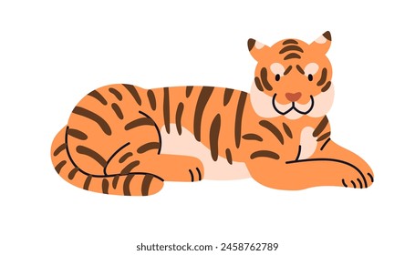 Cute tiger cub lying. Happy funny jungle animal. Adorable exotic tropical wild feline, striped African big cat relaxing. Kids flat graphic vector illustration isolated on white background