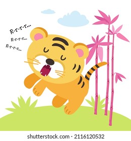 Cute tiger cub in nature. Animal in cartoon style for design. Vector illustrations, full color.