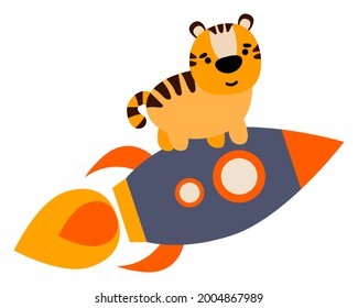 Cute tiger cub on a rocket. Hand-drawn style. White background, isolate. Vector illustration.