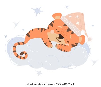 Un tigre lindo con una gorra de noche rosa duerme abrazando una nube. Ilustración vectorial. El concepto de animal dormido para la recolección, diseño, vivero, decoración y decoración, impresión