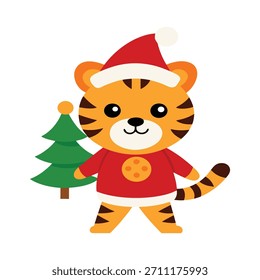 Ein süßes Tigerjunges posiert mit einem Weihnachtsbaumgeschenk, das festliche Fröhlichkeit und Spannung für die Weihnachtszeit zeigt.