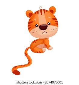 The cute tiger cub is sad. The symbol of 2022. Cartoon vector graphics.