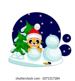 A cute tiger cub sculpts a snowman on a winter evening. Cartoon vector illustration for children