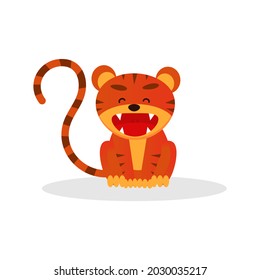 Cute tiger cub sits and growls with his mouth wide open. Wild animal in simple flat style isolated on white background for bright childish design. Vector illustration