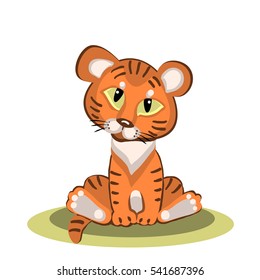 Cute tiger cub sits isolated on white. Vector cartoon illustration.
