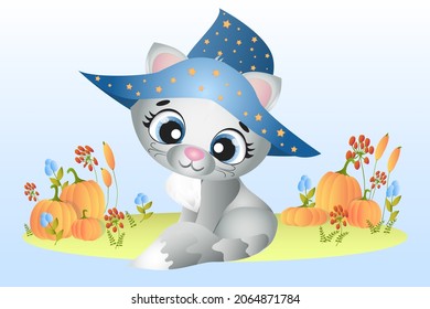A cute tiger cub sits in a meadow with flowers, pumpkins, autumn leaves, flowers and berries. Vector illustration in cartoon childish style
