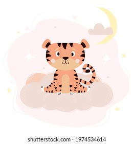 Cute tiger cub sits on gentle pink cloud against the background of the starry sky with the moon. Vector illustration. Animal for kids collection, design, nursery, decor, postcards. Scandinavian style