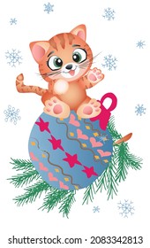 A cute tiger cub sits on a Christmas tree toy. New Year vector illustration for a postcard.