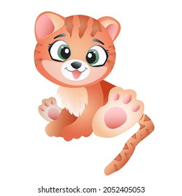 Cute tiger cub sits. Vector illustration in cartoon children's style.