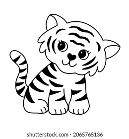 A Cute Tiger Cub Is Sitting. Flat Style. Vector Illustration.