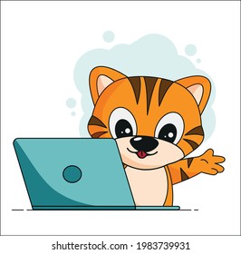 cute tiger cub sitting at laptop vector illustration 