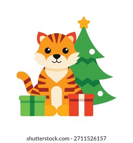 A cute tiger cub sitting on wrapped presents under the Christmas tree, enjoying festive cheer and holiday decorations.