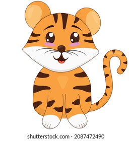 cute tiger cub sitting and smiling, symbol of the new year 2022, vector illustration in flat style on a white background