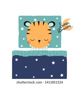 Cute tiger cub sleeping in bed. Bedtime kids print. Vector hand drawn illustration.